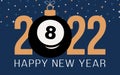 2022 Happy New Year billiard vector illustration. Flat style Sports 2022 greeting card with a billiard 8 ball on the color Royalty Free Stock Photo