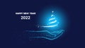 Happy New Year 2022. Blue Christmas background. Christ`S Birth. Star of Bethlehem, snowstorm in the shape of a Christmas tree in