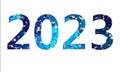 Happy New Year 2023. blue 3D numbers with leaf effect