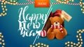 Happy New Year, blue postcard with garlands and present with Teddy bear