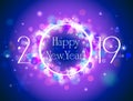 Happy New Year 2019 blue purple greeting card defocused bokeh in winter and snowflake vector background Royalty Free Stock Photo