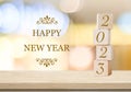 Happy New Year 2023 on blur abstract bokeh background, new year greeting card, banner Royalty Free Stock Photo