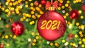 Happy New Year 2021! Blurred background of Christmas tree decorated with big red ball and lights, toys, illumination. Bokeh. Greet Royalty Free Stock Photo