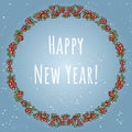 Happy New Year boho lettering in a wreath of red berries vector ornament