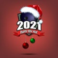 Happy new year 2021 and bowling ball in santa hat Royalty Free Stock Photo