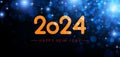 Happy new year 2024 bright orange lettering on horizontal abstract blue banner with bokeh and blurred light particles