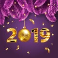 Happy New Year 2017 bright purple banner with fir-tree branches and gold confetti with a sparkle text and shining lights. Rich, Royalty Free Stock Photo