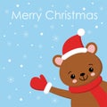 Happy New Year. Brown bear holding hand paw print. Red scarf, hat. Cute cartoon funny kawaii baby character. Merry Christmas. Flat Royalty Free Stock Photo