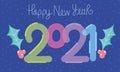 2021 happy new year, bubble numbers and holly berry greeting card