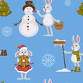 Happy New Year, bunny decorating Christmas tree seamless pattern isolated on blue background vector. Royalty Free Stock Photo