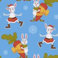 Happy New Year, bunny decorating Christmas tree seamless pattern isolated on blue background vector. Royalty Free Stock Photo