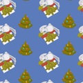 Happy New Year, bunny decorating Christmas tree seamless pattern isolated on blue background vector. Royalty Free Stock Photo