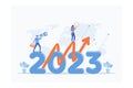 Happy new year 2023. 2023 business goals concept, Business team seeking new opportunities. Leadership. Vision. Achievement, flat