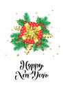 Happy New Year calligraphy hand drawn text for greeting card background template. Vector Christmas tree holly wreath decoration, r Royalty Free Stock Photo