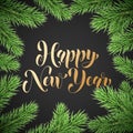 Happy New Year calligraphy hand drawn text and holly wreath ornament for winter holiday greeting card. Vector Christmas tree light Royalty Free Stock Photo