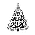 Happy New Year 2020 calligraphy phrase in the shape of Christmas tree.