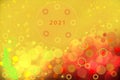 Happy New year 2021 card. Abstract festive elegant gold red glittering greeting card with bokeh circles, glowing christmas stars, Royalty Free Stock Photo