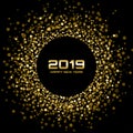 Happy New Year 2019 Card Background. Gold Bright Disco Lights. Christmas circle dots raster texture. Vector illustration Royalty Free Stock Photo