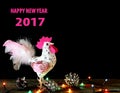 Happy New Year 2017 card background with hand made craft rooster Royalty Free Stock Photo