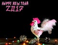 Happy New Year 2017 card background with hand made craft rooster Royalty Free Stock Photo