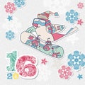 Happy New Year card with bird snowboarder, multicolor figures