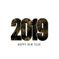 Happy new year card. Black number 2019 with gold snowflakes, isolated white background. Golden firework. Bright design Royalty Free Stock Photo