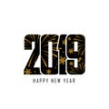 Happy new year card. Black number 2019 with gold snowflakes, isolated white background. Golden firework. Bright design Royalty Free Stock Photo