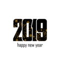 Happy new year card. Black number 2019 with gold snowflakes, isolated white background. Golden firework. Bright design Royalty Free Stock Photo