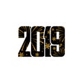 Happy new year card. Black number 2019 with gold snowflakes, isolated white background. Golden firework. Bright design Royalty Free Stock Photo