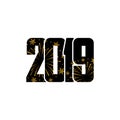 Happy new year card. Black number 2019 with gold snowflakes, isolated white background. Golden firework. Bright design Royalty Free Stock Photo