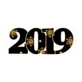 Happy new year card. Black number 2019 with gold snowflakes, isolated white background. Golden texture. Bright design Royalty Free Stock Photo
