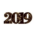 Happy new year card. Black number 2019 with gold sparkles, isolated white background. Golden firework. Bright design for Royalty Free Stock Photo