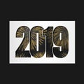 Happy new year card. Black number 2019 with gold sparkles, isolated white background. Golden firework. Bright design for Royalty Free Stock Photo