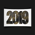 Happy new year card. Black number 2019 with gold sparkles, isolated white background. Golden firework. Bright design for Royalty Free Stock Photo