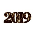 Happy new year card. Black number 2019 with gold sparkles, isolated white background. Golden firework. Bright design for Royalty Free Stock Photo