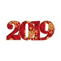 Happy new year card. Black red textured number 2019, gold snowflake, isolated white background. Bright graphic design Royalty Free Stock Photo