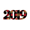 Happy new year card. Black red textured number 2019, gold snowflake, isolated white background. Bright graphic design Royalty Free Stock Photo