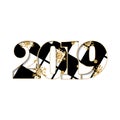 Happy new year card. Black textured number 2019, gold snowflake, isolated white background. Bright graphic design Royalty Free Stock Photo