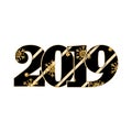 Happy new year card. Black textured number 2019, gold snowflake, isolated white background. Bright graphic design Royalty Free Stock Photo