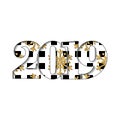 Happy new year card. Black white number 2019, gold snowflake square texture, isolated background. Bright graphic design Royalty Free Stock Photo