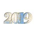 Happy new year card. Blue number 2019 with gold sparkles, isolated white background. Bright golden design for holiday Royalty Free Stock Photo
