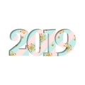 Happy new year card. Blue striped number 2019, gold snowflake texture, isolated white background. Bright graphic design Royalty Free Stock Photo
