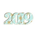 Happy new year card. Blue striped number 2019, gold snowflake texture, isolated white background. Bright graphic design Royalty Free Stock Photo