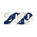 Happy new year card. Blue striped number 2019, gold snowflake texture, isolated white background. Bright graphic design Royalty Free Stock Photo