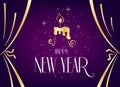 Happy New Year card with candle, stars and golden confetti on violet background. Vector