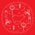 Happy New Year 2019 card. Chinese New Year symbols. Pig, lantern, chinese red envelopes of money, bamboo, coin for luck. Festive Royalty Free Stock Photo