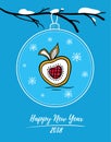 Happy New Year 2018 card with Christmas ball on snowy branch. Christmas ball with painted gingerbread in form of apple. Royalty Free Stock Photo