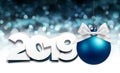 Happy new year card with christmas blue ball and 2019 text with Royalty Free Stock Photo