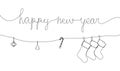 Happy New Year card with Christmas stockings, Christmas toys, candy one line art. Continuous line drawing of new year