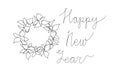 Happy New Year card with Christmas wreath one line art. Continuous line drawing of new year holidays, christmas, weekend